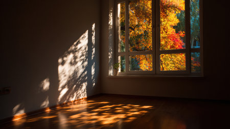 Warm sunlight filters through a window, illuminating colorful autumn leaves outside, creating intricate shadows on the wooden floor of a tranquil room.の素材