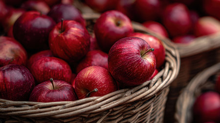 Red apples fill woven baskets at a bustling farmers market, showing the vibrant color and fresh harvest of the autumn season.の素材
