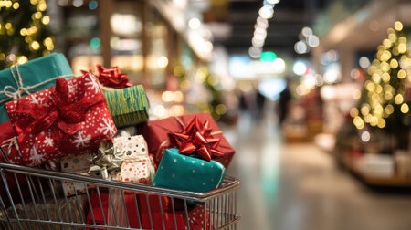 A shopping cart filled with beautifully wrapped gifts, surrounded by a vibrant holiday atmosphere in a busy retail environment.の素材
