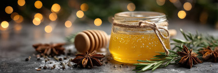 A jar filled with golden honey rests on a rustic surface, surrounded by star anise and green herbs, with softly glowing lights in the background.の素材