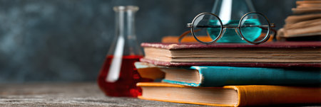 Stack of colorful old books and laboratory flasks filled with liquids, creating a captivating study environment where knowledge meets experimentation.の素材