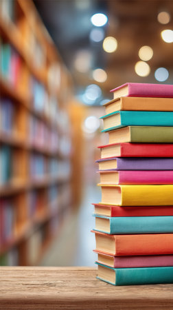 A vibrant stack of books is arranged neatly on a table in a library, with blurred shelves and warm lights creating a welcoming atmosphere.の素材