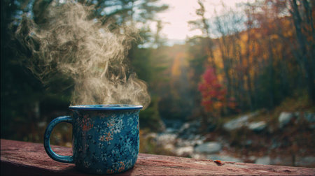 A steaming blue floral mug sits on a wooden railing, surrounded by vibrant autumn foliage and a gentle stream, capturing a tranquil evening moment.の素材