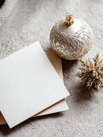 Decorative elements include a shimmering silver ornament, blank cards for writing, and a golden pinecone, arranged artistically for a winter holiday setting.の素材