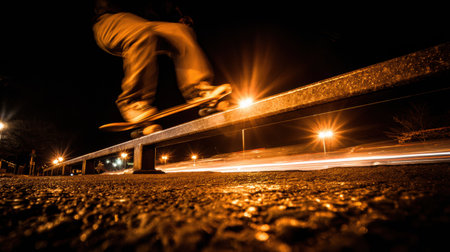 Skater performs tricks on a rail illuminated by streetlights, capturing a vibrant night atmosphere and motion in the surroundings.の素材