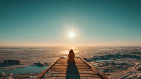 A person sits in quiet meditation on a wooden dock, surrounded by frozen water, as the sun sets on the horizon, casting a warm glow.の素材