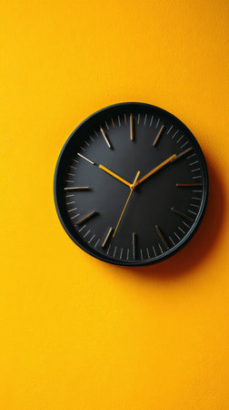 Stylish black wall clock designed with yellow hour and minute hands set against a bright yellow background, emphasizing modern decor aesthetics.の素材