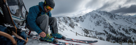 Skiing enthusiast secures boots on skis while seated on snow-covered slope, surrounded by majestic mountains against a cloudy sky, ready for adventure.の素材