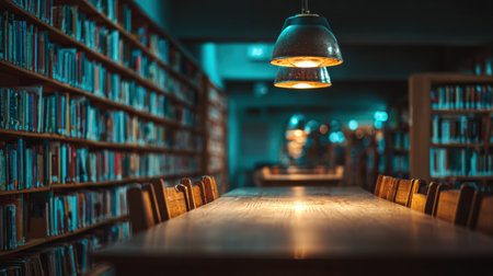 A spacious study area features a long wooden table surrounded by chairs, lit by pendant lights, with rows of books filling the library shelves.の素材