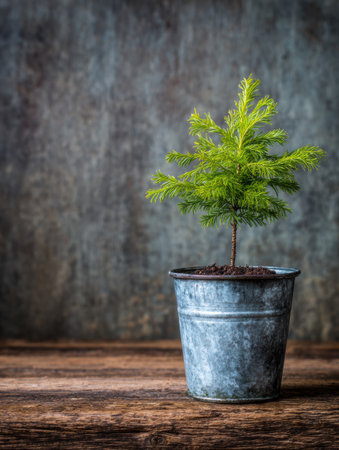 A small evergreen tree is growing in a rustic metal pot placed on a wooden table, showing casing green foliage against a textured dark background.の素材