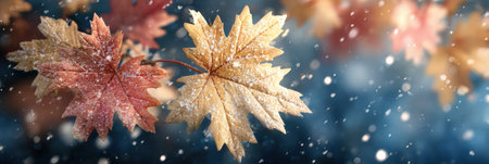 Maple leaves display vibrant autumn colors as soft snowflakes fall around them, creating a tranquil winter atmosphere in the late afternoon light.の素材