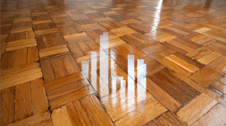 Smooth and polished wooden flooring showcases intricate patterns while reflecting tall, modern design elements under bright daylight in a spacious room.の素材