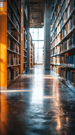 A spacious library corridor showcases tall shelves filled with books, bathed in sunlight from expansive windows creating a welcoming atmosphere for reading.の素材
