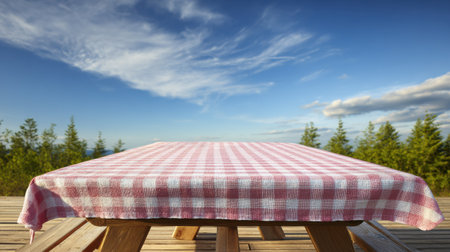 A checkered tablecloth drapes a sunny wooden picnic table, framed by fluffy clouds and lush trees for a serene outdoor vibe.の素材