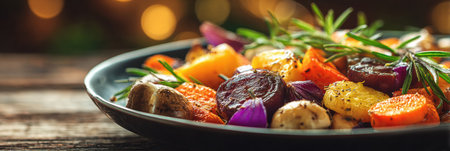 A vibrant selection of roasted root vegetables including carrots, potatoes, and mushrooms displayed on a dark plate, enhancing the festive atmosphere.の素材