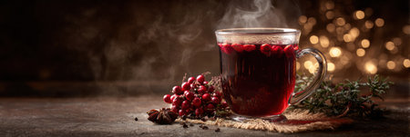 A steaming glass filled with a rich berry beverage is surrounded by fresh herbs and colorful spices, creating a cozy atmosphere for winter celebrations.の素材