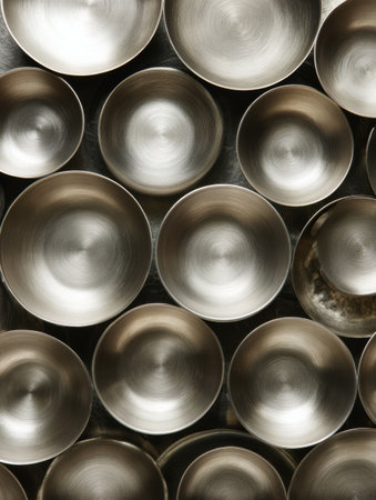 A variety of round stainless steel bowls are neatly arranged in a stacked formation, showing their smooth and reflective surfaces.の素材