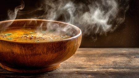 Delicious bowl of soup releasing steam, garnished with herbs, placed on a rustic wooden surface, perfect for a cozy meal on a chilly day.の素材