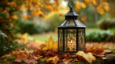 A quaint lantern glows warmly amidst a carpet of fallen leaves, creating a peaceful autumn atmosphere in a natural landscape filled with vibrant colors.の素材