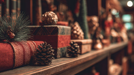 Wrapped gifts with festive patterns and pinecones are arranged on a wooden shelf in a cozy space, illuminated by warm and inviting lighting.の素材