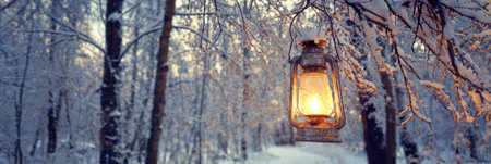 A lantern sheds warm light in a snowy forest near dusk, illuminating the frosted branches and creating a serene winter atmosphere.の素材