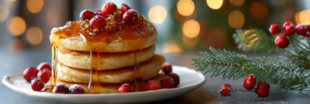 Delicious pancakes are stacked and drizzled with syrup, adorned with fresh cranberries, creating a cozy, festive atmosphere perfect for winter brunch.の素材