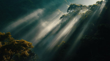 Sunlight streams through tall trees, illuminating mist in a forest, enhancing the serene beauty of nature during early morning hours, evoking peace.の素材