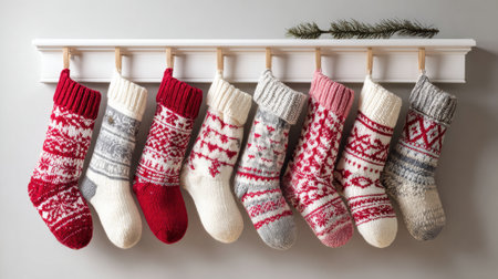 Eight vibrant knitted stockings with intricate designs are displayed against a neutral wall, creating a cheerful holiday atmosphere.の素材