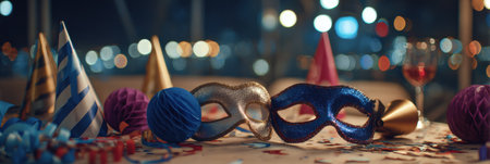 Colorful masks and party hats are arranged on a table, surrounded by vibrant decorations, creating a festive atmosphere during a nighttime celebration.の素材