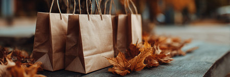Brown paper bags sit on a wooden surface, complemented by colorful autumn leaves, capturing the essence of fall shopping in a charming setting.の素材