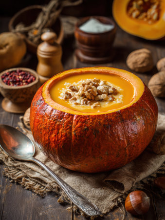 Delicious orange pumpkin soup is served in a hollowed pumpkin, topped with walnuts. Surrounding ingredients and spices create a cozy autumn atmosphere.の素材