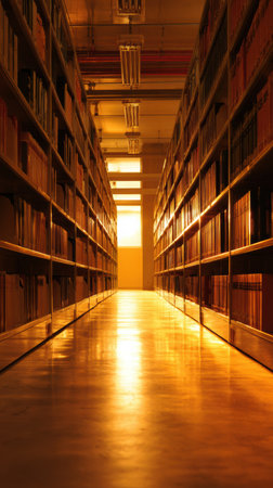 Sunlight pours through a library window, casting a warm glow on books lined neatly on shelves while creating a peaceful and inviting atmosphere.の素材