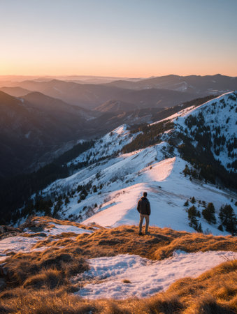 A person stands on a snowy mountain, watching a stunning sunset cast warm hues over the valley and surrounding peaks.の素材