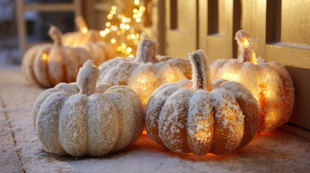 Decorated pumpkins glow warmly under a layer of snow, creating a cozy atmosphere on a cold winter night, surrounded by soft holiday lights.の素材