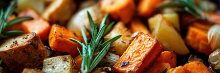 Freshly roasted carrots, sweet potatoes, and herbs are artistically arranged on a rustic platter, showing vibrant colors and a delectable presentation.の素材