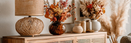 Warm arrangements of decorative vases, a stylish lamp, and dried flowers create a cozy atmosphere in a well-decorated living space filled with natural elements.の素材