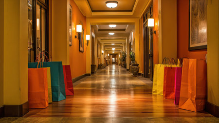 Brightly colored shopping bags are arranged in a well-lit hotel corridor, enhancing the inviting atmosphere with warm tones and polished wood flooring.の素材