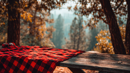 A red and black checkered blanket is spread over a wooden table surrounded by tall trees with autumn colors, bathed in soft morning light.の素材