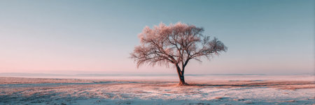 A solitary tree stands in a snow-covered field at dawn, surrounded by tranquil pastel colors of early morning light, creating a peaceful winter scene.の素材
