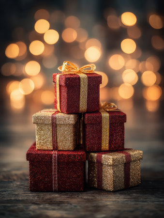 Four beautifully wrapped gift boxes sit stacked on a rustic surface, glowing against a softly lit background filled with warm bokeh.の素材