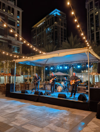 A vibrant music performance takes place outdoors at night, illuminated by string lights and city buildings, creating an energetic atmosphere for the audience.の素材