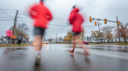 Two runners in red jackets move swiftly through a rain-soaked street as traffic lights change amidst an overcast fall day.の素材
