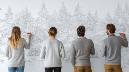 Participants collaborated in drawing a detailed mural on a large wall, showing their artistic skills at a creative studio.の素材