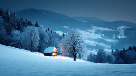 A cozy cabin emits warm light amidst a snowy landscape at dusk, surrounded by snow-covered trees and hills, creating a serene winter atmosphere.の素材