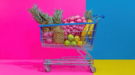 A shopping cart brimming with pineapples, bananas, and other fresh fruits is set against bright pink and blue backgrounds, showcasing summer vibrancy.の素材