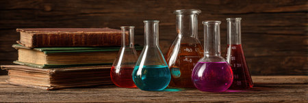 Colorful flasks and beakers filled with various liquids are arranged beside a stack of vintage books on a wooden table in a rustic environment.の素材