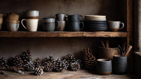 Handcrafted mugs and plates arranged on wooden shelves with pinecones below, creating a warm and inviting kitchen ambiance during the afternoon light.の素材
