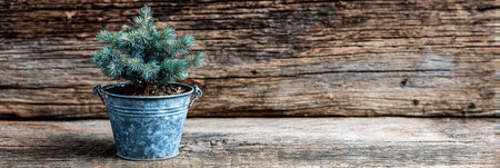 A blue metal pot holds a small green plant, resting on a weathered wooden background with natural textures and grains, emphasizing simplicity and tranquility.の素材