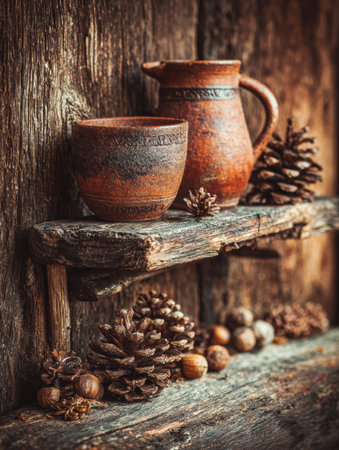 Rustic ceramic pitchers and bowls sit alongside pinecones and nuts on a weathered wooden shelf, creating a warm and inviting autumn atmosphere.の素材