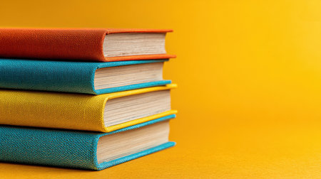 A stack of four books with vibrant covers sits against a bright yellow background, inviting readers to explore the world of literature and imagination.の素材